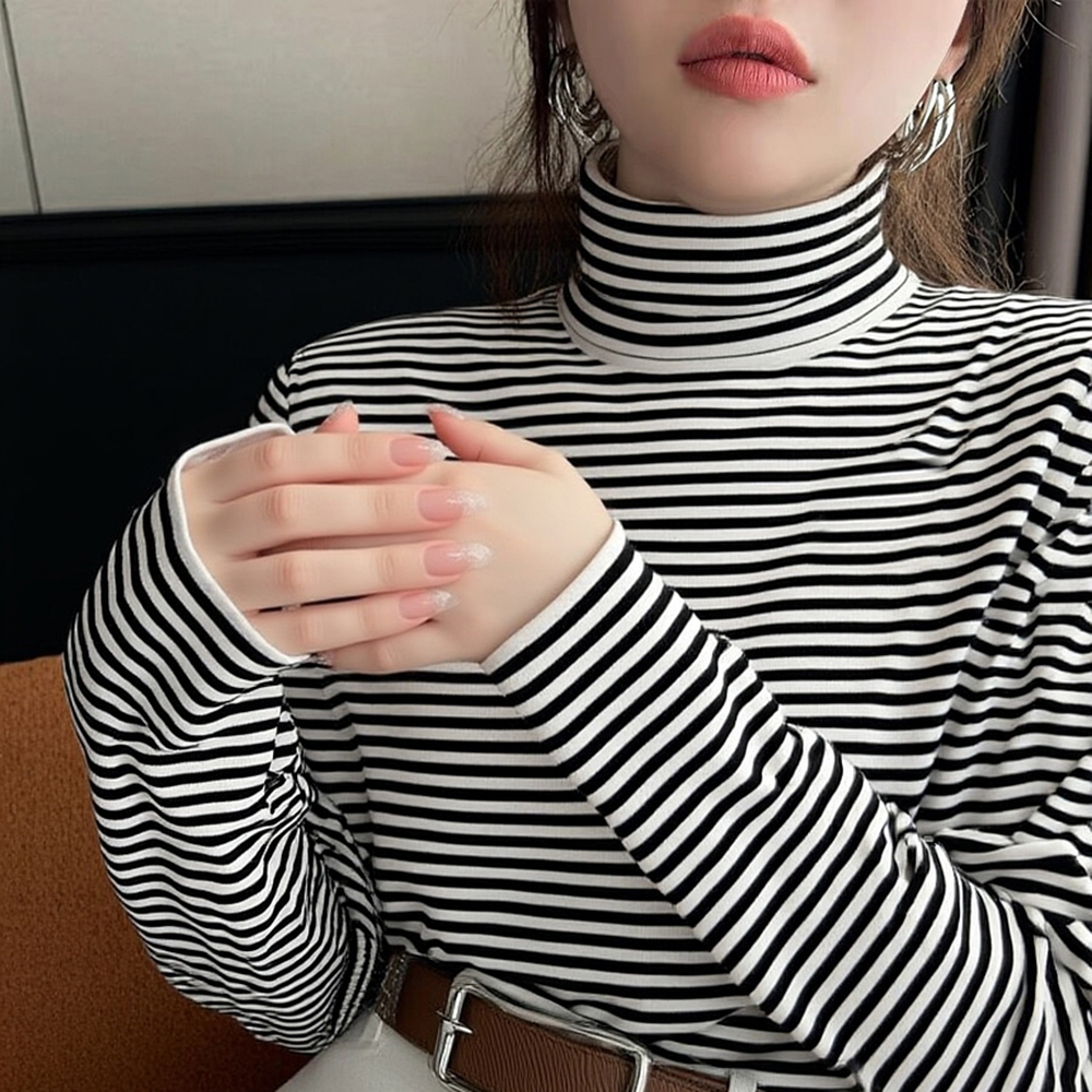 高领打底衫宽松卫衣黑白条纹撞色细条双面德绒保暖冬T恤大码高翻