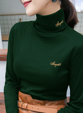 高领卫衣打底衫女潮套头T恤加厚修身内搭长袖黑加绒墨绿色冬春秋
