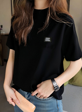 黑色半高领短袖T恤女2026年新款字母刺绣宽松洋气潮牌加厚春夏半
