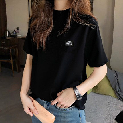 黑色半高领短袖T恤女2026年新款字母刺绣宽松洋气潮牌加厚春夏半