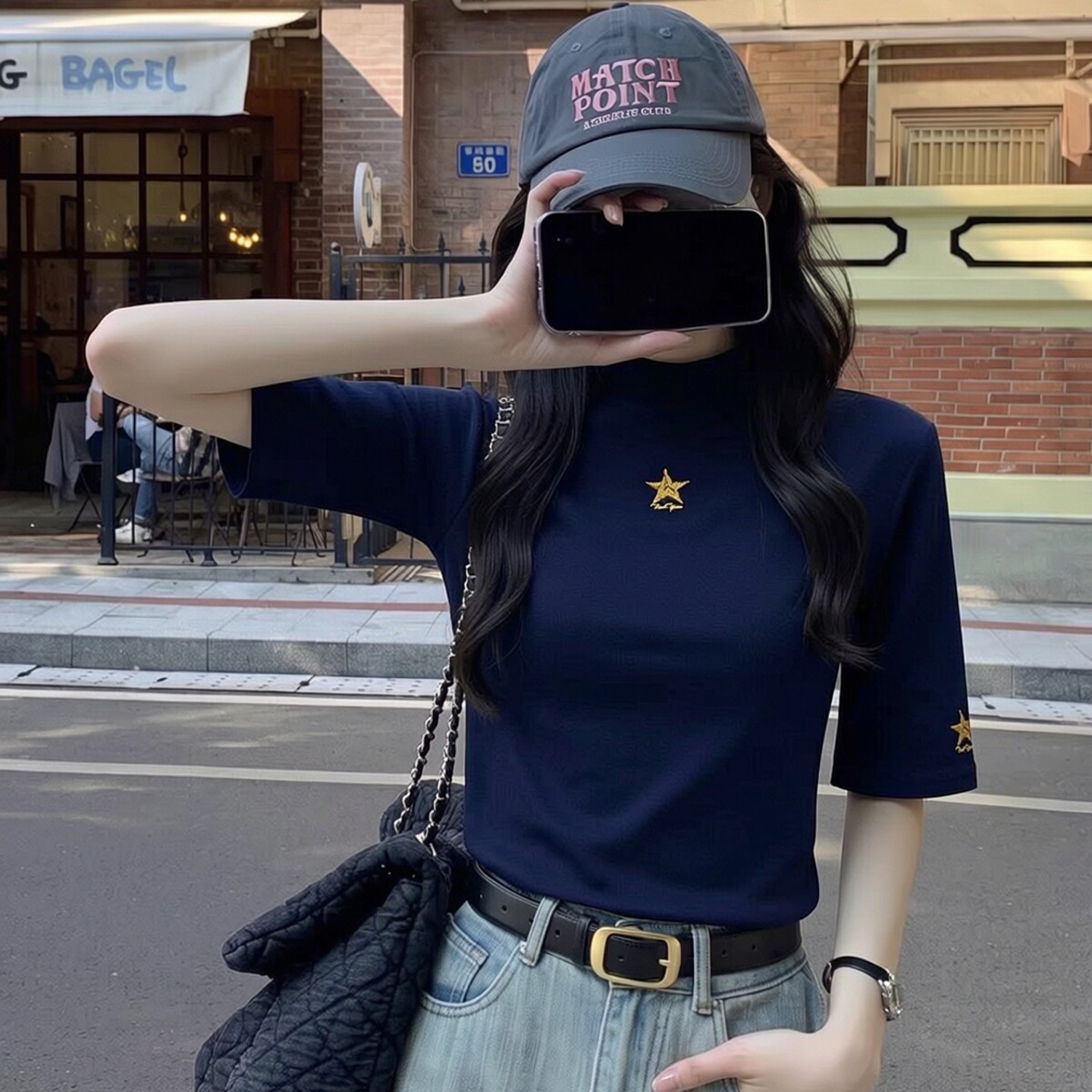 五分袖藏蓝色T恤中袖修身小半高领打底衫针织棉春秋上衣立领正肩