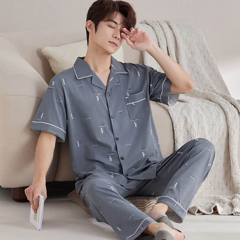 睡衣男夏季纯棉短袖长裤男士时尚睡衣/家居服套装