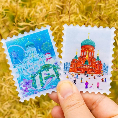 哈尔滨邮票冰箱贴松花江冰雪大世界雪乡索菲亚磁性贴雪乡旅游礼品