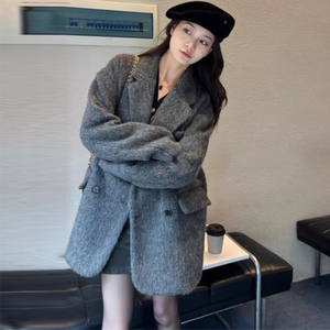 毛呢外套女2023秋冬新款赫本风灰色双排扣加厚宽松羊毛呢子大衣女