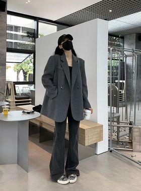 灰色毛呢西装外套女短款2025秋冬新款宽松加厚爆款呢子大衣小个子