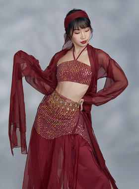 华丽独秀古典舞国风爵士红色套装飘逸显瘦纱衣现代舞舞蹈服练功服