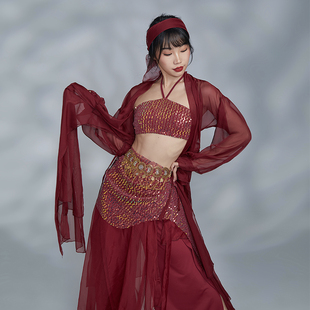 华丽独秀古典舞国风爵士红色套装飘逸显瘦纱衣现代舞舞蹈服练功服
