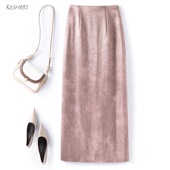 高端缎面印花半身裙女2025春秋新款 高腰显瘦直筒裙百搭开衩一步裙