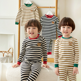 家居服女童衬衣衬裤 儿童秋衣裤 线衣 条纹春秋薄款 男童纯棉内衣套装