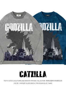 TEE7-猫咪哥斯拉Meowzilla圆领卫衣水洗做旧美式复古重磅纯棉宽松