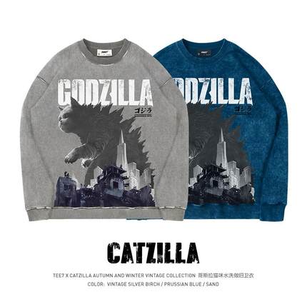 TEE7-猫咪哥斯拉Meowzilla圆领卫衣水洗做旧美式复古重磅纯棉宽松