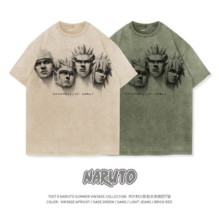 TEE7-日系动漫火影T恤木叶火影岩水洗做旧美式复古纯棉宽松短袖