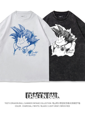 TEE7日系动漫龙珠小悟空鸟山明纪念T恤水洗做旧纯棉宽松卡通短袖