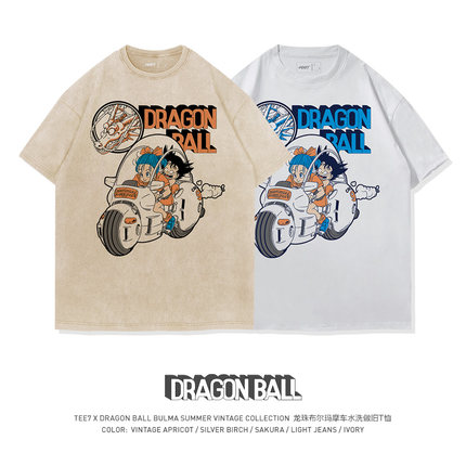 TEE7-复古动漫龙珠布尔玛小悟空机车水洗做旧纯棉宽松短袖T恤怀旧