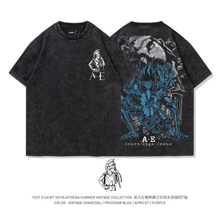 TEE7-圣斗士雅典娜之惊叹水洗做旧复古动漫怀旧纯棉短袖T恤