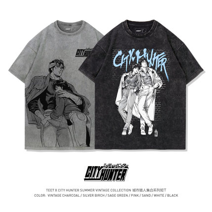 TEE7-城市猎人T恤情侣衫日系动漫漫画周边男女同款纯棉黑白短袖