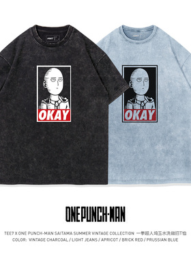 TEE7-日系动漫一拳超人琦玉经典水洗做旧爆款短袖T恤纯棉宽松复古