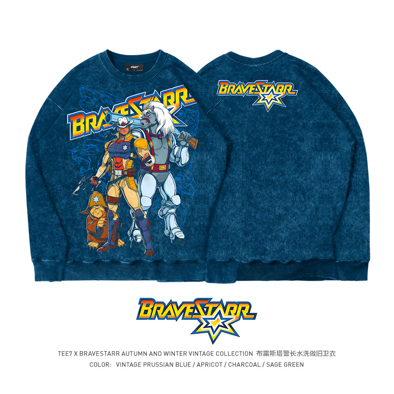 TEE7-经典复古布雷斯塔警长塞拉囧马年贺岁水洗做旧纯棉圆领卫衣