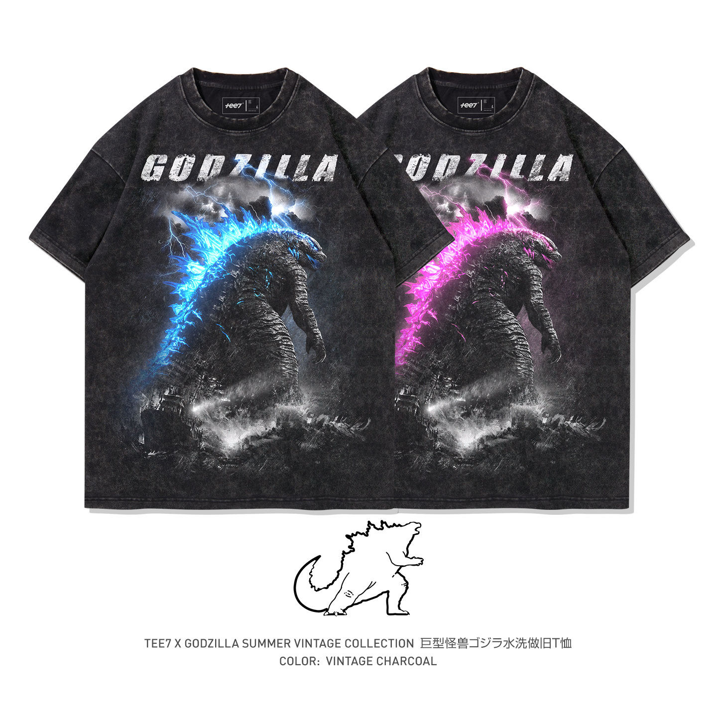 TEE7-Godzilla水洗做旧复古美式重磅圆领爆款潮流纯棉宽松短袖T恤