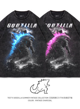 TEE7-Godzilla水洗做旧复古美式重磅圆领爆款潮流纯棉宽松短袖T恤