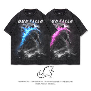TEE7-Godzilla水洗做旧复古美式重磅圆领爆款潮流纯棉宽松短袖T恤