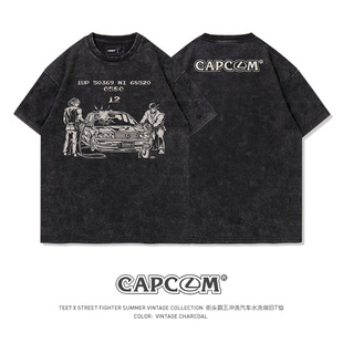 纯棉短袖 TEE7 街霸恶搞水洗做旧T恤复古印花街头潮流Oversize男款