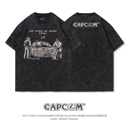 TEE7-街霸恶搞水洗做旧T恤复古印花街头潮流Oversize男款纯棉短袖