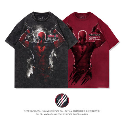 TEE7-Marvel死侍T恤漫威拯救者金刚狼水洗做旧美式重磅纯棉短袖