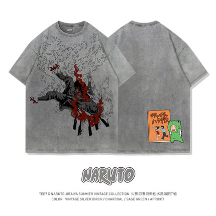 TEE7-火影自来也豪杰物语水洗做旧复古印花短袖T恤动漫宽松纯棉