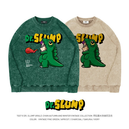 TEE7-日系动漫喷火恐龙外套阿拉蕾卡通水洗做旧复古重磅圆领卫衣