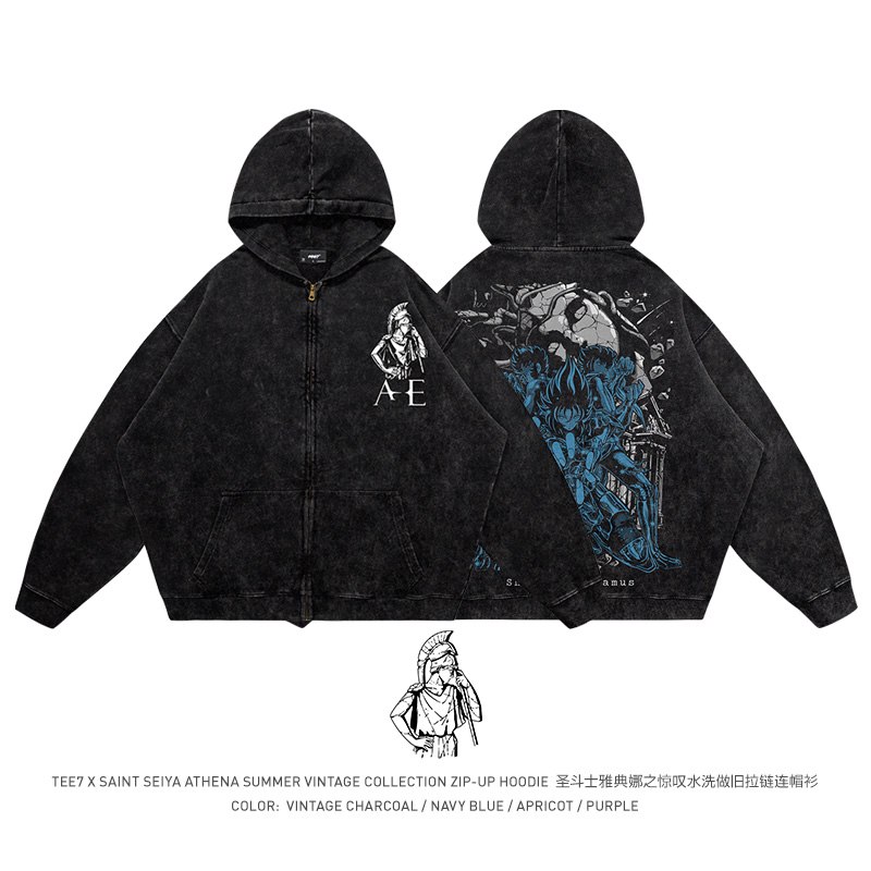 TEE7-圣斗士雅典娜之惊叹水洗做旧复古动漫怀旧纯棉帽衫卫衣外套