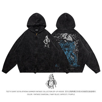 TEE7-圣斗士雅典娜之惊叹水洗做旧复古动漫怀旧纯棉帽衫卫衣外套