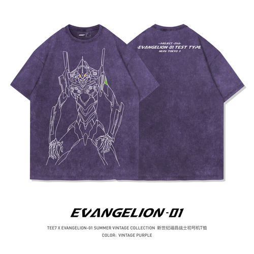 TEE7-日系动漫eva初号机短袖T恤落肩宽松水洗做旧纯棉