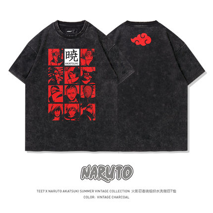 TEE7-日系动漫火影晓组织全家福水洗做旧复古原宿纯棉短袖T恤ins