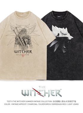 TEE7-游戏巫师3狂猎水洗做旧美式复古猎魔人短袖T恤纯棉宽松ins