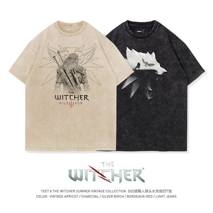 TEE7-游戏巫师3狂猎水洗做旧美式复古猎魔人短袖T恤纯棉宽松ins