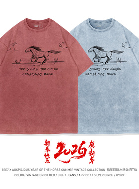 TEE7-2026新年爆款永葆纯真马年水洗做旧重磅纯棉短袖T恤本命年