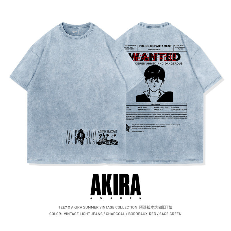 TEE7-阿基拉28号金田通缉令水洗做旧重磅复古美式宽松纯棉短袖T恤