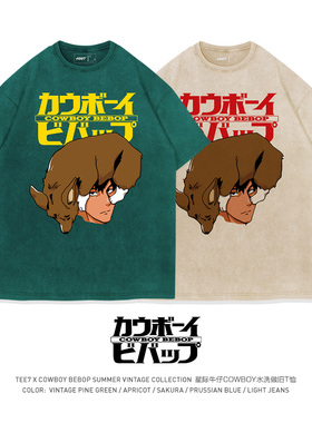 TEE7-星际牛仔COWBOY爱尔兰柯基日系原宿水洗做旧动漫纯棉短袖T恤