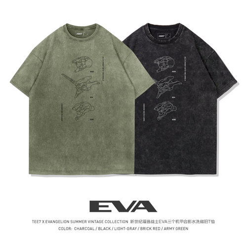 TEE7-日漫eva头像极简水洗做旧圆领短袖T恤美式复古重磅纯棉宽松