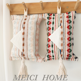 车载抽纸盒北欧棉麻双层布艺纸巾袋客厅茶几床头柜毛线编织可悬挂