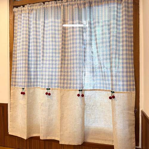 爽棉麻田园风蓝色格子半帘窗帘门帘美式小短帘免打孔厨房遮挡帘