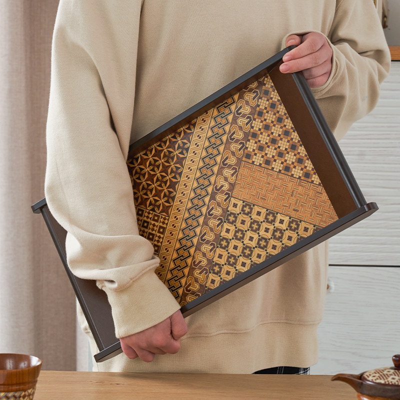 日本进口寄木细工日式舟形扶手长盘手工实木茶盘茶具托盘干泡台
