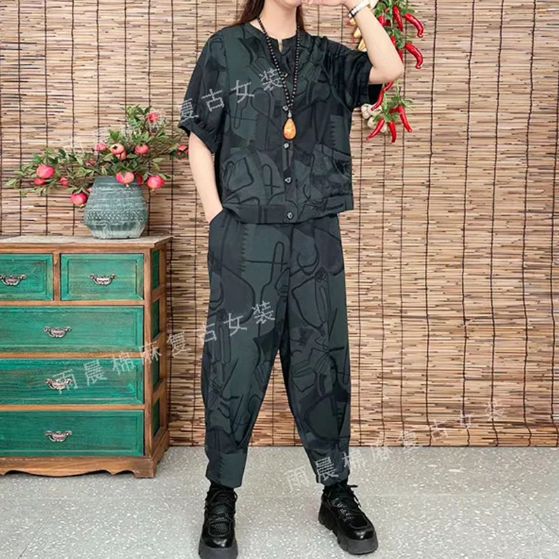 真丝时尚休闲套装圆领开衫贴兜半袖短上衣松紧腰哈伦裤大码妈妈装