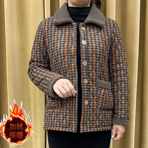 冬季新款时尚小格子加绒保暖棉衣外套女士加厚棉袄中老年妈妈装