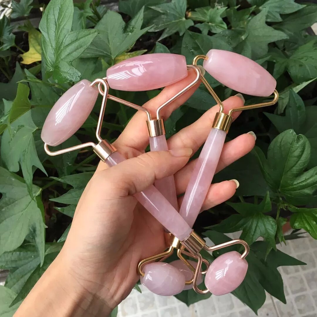 天然粉晶玉石滚轮按摩器脸部眼部美容按摩棒瘦脸水晶推脸器双滚轮