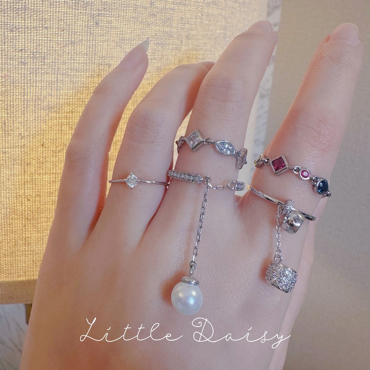 Little Daisy珍珠流苏吊坠镶钻戒指 女友气质开口可调节单戒配饰