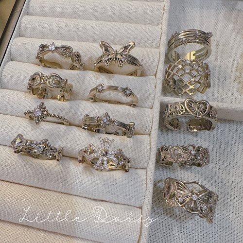 Little Daisy时髦知识分子中古百搭开口戒指蕾丝复古十字心锁指环