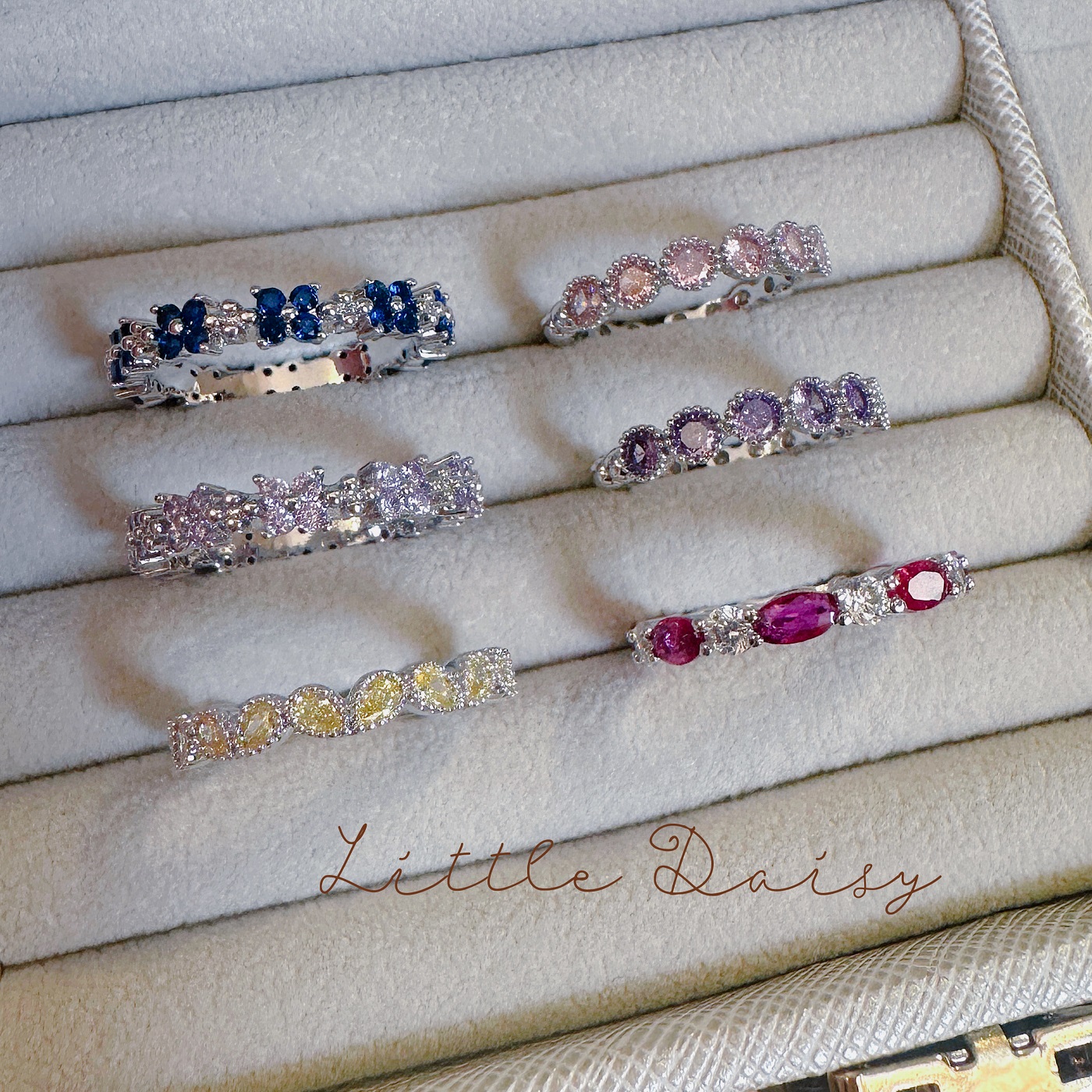 Little Daisy日系精致贵妇简约彩钻日杂温柔玫红钻开口可调节戒指