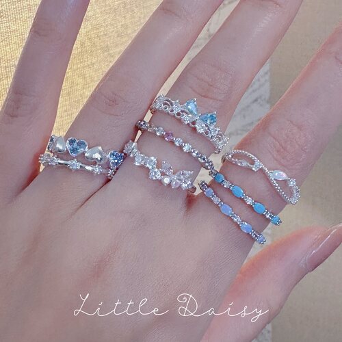 Little Daisy亮银色韩系娇媚彩钻叠戴交叉百搭气质超闪可调节戒指
